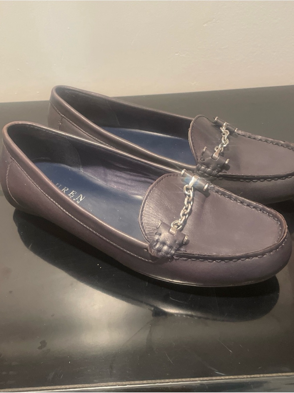 Lauren Ralph Lauren Women's Cayla Slip-On Loafers Leather Black Silver Chain 9 B